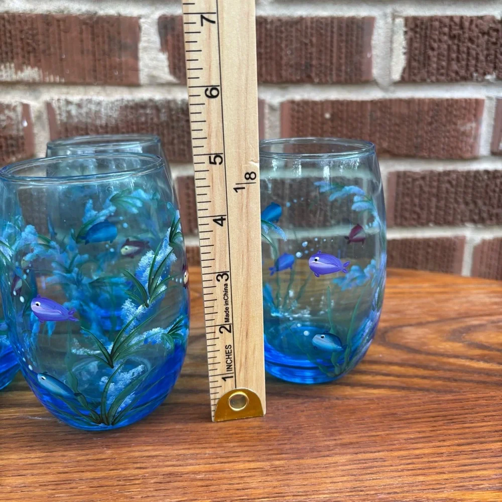 Hand-painted stemless wine water blue glasses with marine design Set of 4